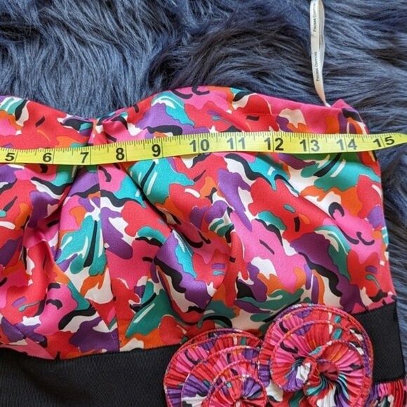 Phoebe Couture Floral Ruffled Belted Strapless Cocktail Midi Dress Size 12 - Picture 5 of 10